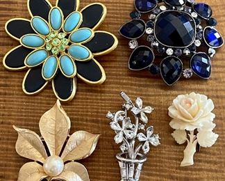 Vintage Rhinestone And Faux Pearl Pin Lot - Trifari - Carved Celluloid And More 