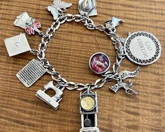 Vintage Sterling Silver Charm Bracelet - Grandfather Clock - Sewing Machine - Hat - Fish - Beau - Bell & More