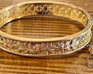 Vintage Hayward 10K Gold And 12K Gold Filled Filigree Hinged Cuff Bracelet 