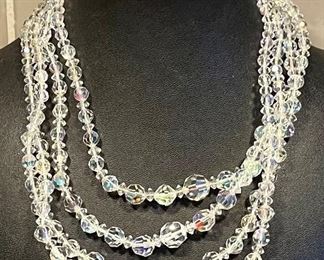 Vintage 4 Strand Aurora Borealis Necklace - Earrings And Bracelet Set