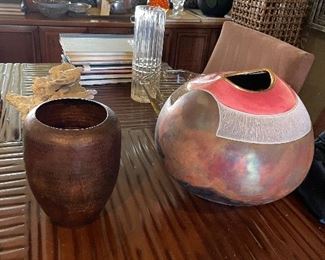 hammered copper vase and Studio pottery