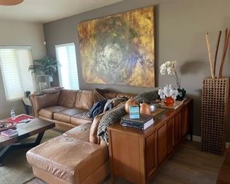 Very high end furniture and art in Indian Palms Resort - Mid century dresser - large painting Gold by Karlene Boxenbaum Leather sectional - Priced to move! 