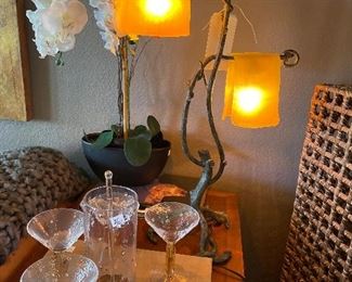 Gorgeous lamp - artificial orchids, blown glass martini set