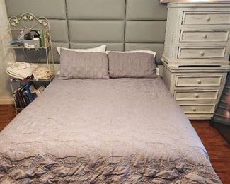 Bed, mattress & box springs, linens, side table and chest