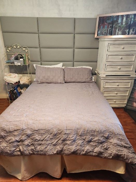 Bed, mattress & box springs, linens, side table and chest