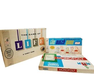 Vintage Games 1965 Match Game. Never Used. 1960 Life Game. Unknown Age Monopoly.