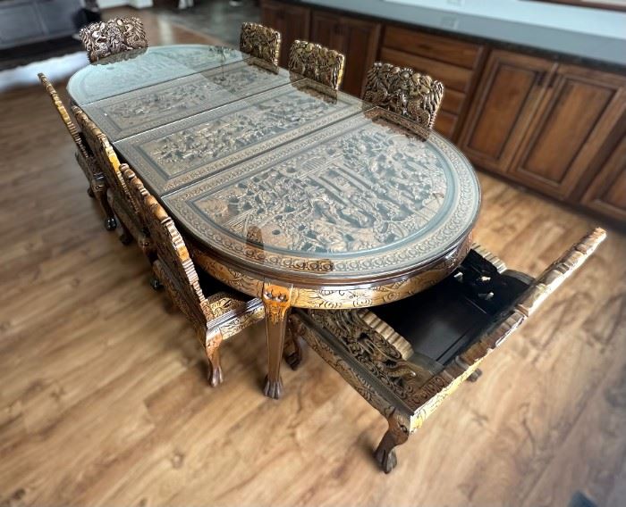 Ornate Chinese Hand Carved Wood Dining Table