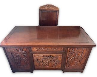 Chinese Hand Carved Wood Desk & Chair