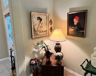 Great signed original oil painting of a ballerina and an antique print on canvas. 