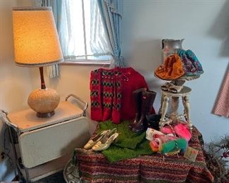 Chrome and porcelain top cart, vintage hats, neat hair dryer.. so much to see