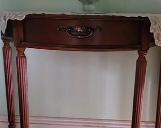 Demi lune table with drawer.  Large glass vessel