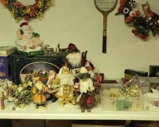 Christmas Santas.  Ceramic Christmas tree.  Vintage Pottery Barn Reindeer.  3 in original boxes.  Christmas wreaths
