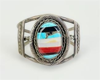 Fine Native American Sterling Silver Inlaid Turquoise, Coral, Mother Of Pearl & Onyx Cuff Bracelet 37 Grams