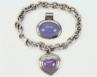 Fine Sterling Silver Lavender Jade Pendant & 6.5" Bracelet, 39 grams