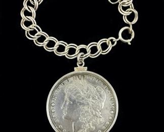1884 U.S. Morgan 90% Silver Dollar Coin 6" Sterling Silver Bracelet 37 Grams