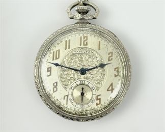 Antique Hamilton 14K Gold Filled Art Deco Style Engraved 17 Jewel 918 Mechanical Pocket Watch W/ Chain Clip 