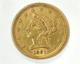 1861 Coronet Head Quarter Eagle $2.5 Gold Coin 4.18g of .900 Gold