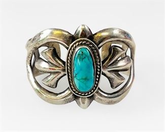Fine Native American Pawn Silver Turquoise Sand Cast Cuff Bracelet Signed WH 