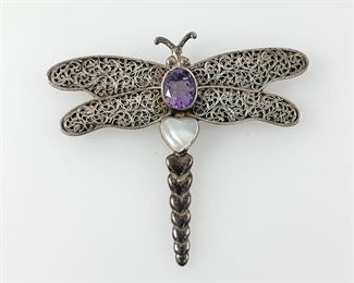 Fine Sterling Silver & Amethyst Dragonfly Brooch
