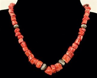 Fine Native American Sterling Silver & Red Coral 14" Necklace, 31 Grams 
