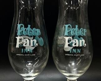 Vintage Set Of Two Kapok Tree Inn Peter Pan MD Blue Clear Souvenir Hurricane Glasses 