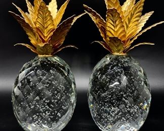 Huge Cut Crystal Pineapple Candle Holder W Golden Accents