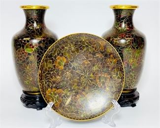 Vintage Asian Cloisonne Enamel Brass Vases 6" And Small Plate
