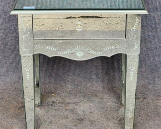 Fancy Mirrored ond drawer side table etched design Hollywood Regency Style 