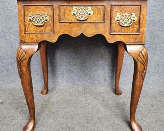 20th Century Inlaid Queen Anne Style Low Boy Table Carved Shell Accents Fancy Brass Hardware