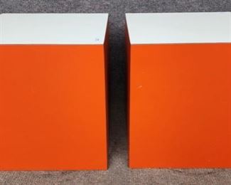 Pair Mid Century Modern Laminate Cube End Side Tables Orange & White 