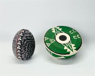 Vintage Art Pottery Native American Signed R. Cuny Sioux Lidded Bowl & D. Sanchez Acoma Pueblo Egg