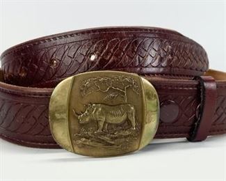 Vintage Rhinoceros Wildlife Safari Brass Belt Buckle Leather Belt