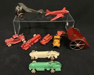 Antique Cast Iron Die Cast Toy Cars - 2 Tootsie Toy Cars and 1 Tootsie Toy Plane , 1 Hubley Car and 1 Hubley Lindy Plane