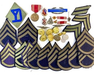 Vintage US Army Medals, Rank Patches, and Buttons Including Sterling Silver Combat Infantryman Badge, Good Conduct Medal, 241st Coast Artillery , 101st Regiment, and More 