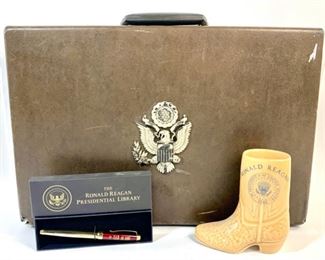 Ronald Reagan 1984 RNC Glazed Cowboy Boot Jelly Bean Jar, It Can Be Done Pen, and Presidential Seal Briefcase 