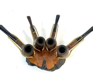 Four Vintage Carey Magic Inch & Keyser Briar Smoking Pipes - The three Carey pipes can be identified by the gold rings around the stem. The pipe stand is not included.