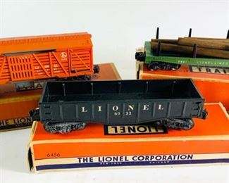 3 Vintage Lionel Corp Electric Model Train Cars With Original Boxes - Includes Operating Cattle Car, Hopper Car, and Automatic Lumber Car,