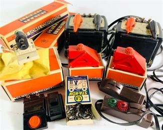 Vintage Lionel Corp Electronic Model Train Set Electronic Parts - Includes Pair of Lionel Corp Type 1033 Multi-Control Transformers, Dwarf Signal, Wire Terminals, Control Switches, Illuminated Bumpers, Hand Control Levers and More, 