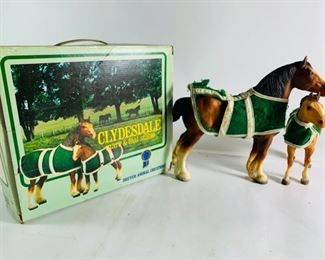 Vintage Breyer Animal Creations Clydesdale Mare & Foal Stable In Original Box - Both Horses In Great Condition, Coat