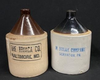 2 Early 20thC. Brown Stoneware Gallon Liquor Jugs