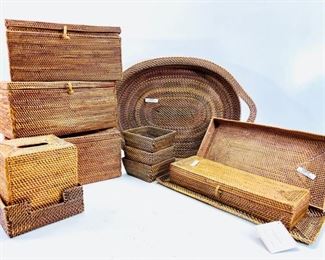 Pottery Barn Tava Catch All Rattan Assorted Lot. Includes: Tissue Box, Napkin Holder, Rectangular Trays, Large Oval Tray And More 