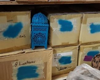 blue lanterns, many  boxes