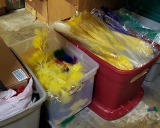 Lots of feathers and boas, mardi gras colors mostly