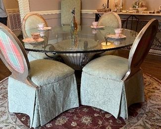 Round glass top Pedestal table w/ Custom Upholstered chairs 