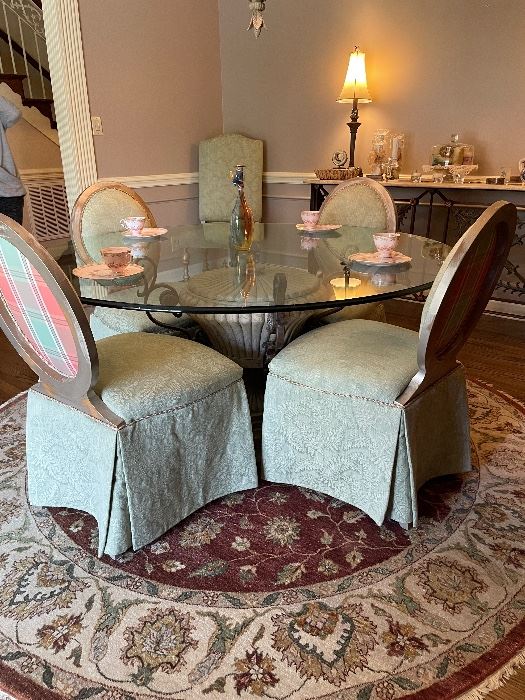 Round glass top Pedestal table w/ Custom Upholstered chairs 
