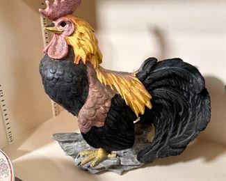 Large resin rooster with pale red cone and yellow head feathers