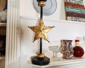 Tall metal candle holder with star and rustic finish 24"H
