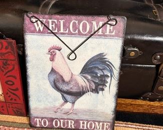 Rooster welcome to our home metal wall plaque 12" x 9"