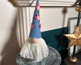 Tall gnome figure with multi-color twine body and felt hat 14" 