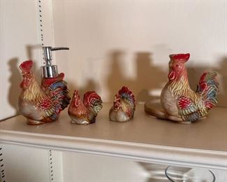 Group of ceramic rooster and hen soap dispenser, paper towel holder, salt & pepper